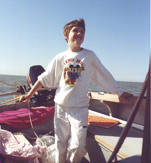 My son, Allan, sails Lively off Walton on Naze, 1990